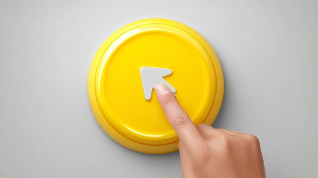 3.Concept = Click here button with hand pointer clicking. Vector yellow push button illustration