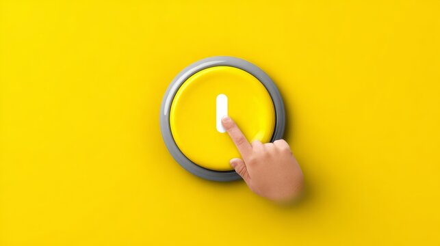 3.Concept = Click here button with hand pointer clicking. Vector yellow push button illustration