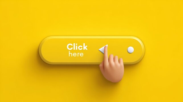 7.Flat design yellow call to action button with click here label, hand pointer finger pressing downward, clean vector illustration, simple geometry, bright and eye catching composition