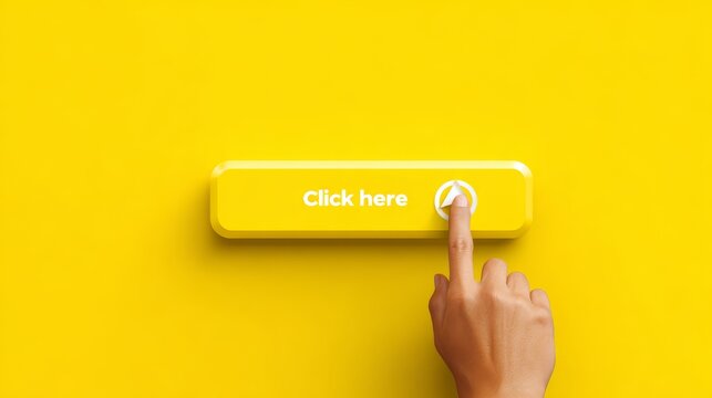 7.Flat design yellow call to action button with click here label, hand pointer finger pressing downward, clean vector illustration, simple geometry, bright and eye catching composition