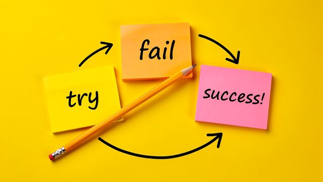 Successful Learning Process Concept with Try Fail and Success Notes on Yellow Background