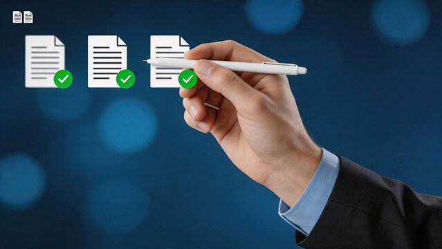 Document checklist verification with hand holding pen and green checkmarks indicating completed tasks approved forms and quality control compliance standards