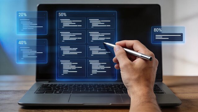 Hand using stylus pen on futuristic holographic interface displaying data charts and graphs, digital analysis concept, virtual screen projection over laptop keyboard, technology