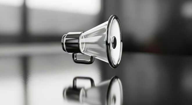 Modern megaphone on reflective surface with blurred background, black and white.