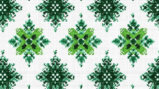 47.Abstract geometric seamless pattern with pixelated floral embroidery motifs, green tones, knitted texture effect, white backdrop, modern fabric print style