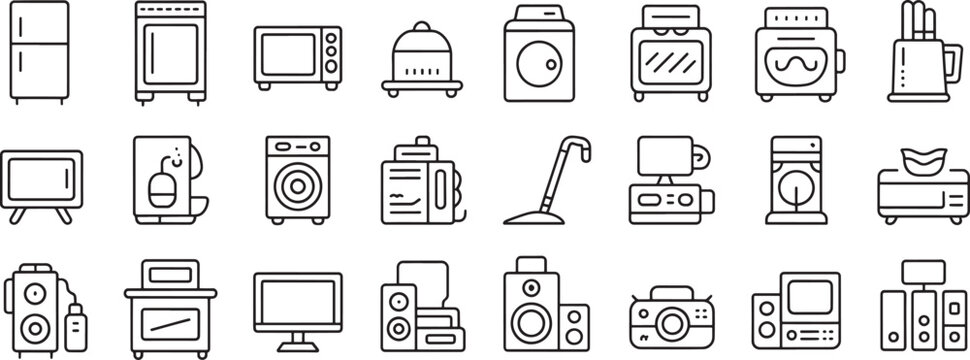 Kitchen Appliance Icons Set with Line Art Cookware, Ovens, Fridges, and Small Electronics for Simple Ui Graphics