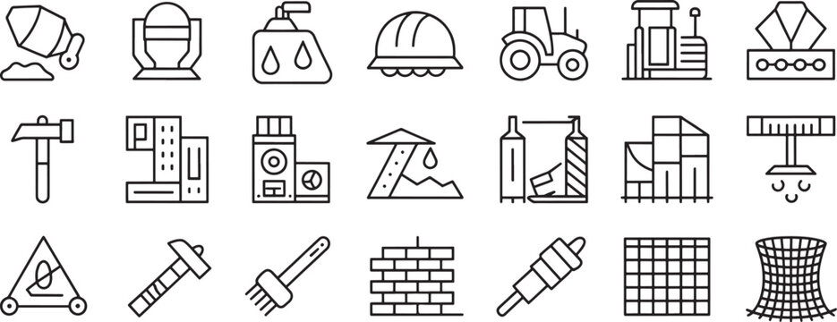 Construction Equipment Icons Set with Crane, Excavator, Bulldozer, Blocks, Barrel, Helmet and Hard Hat Tools