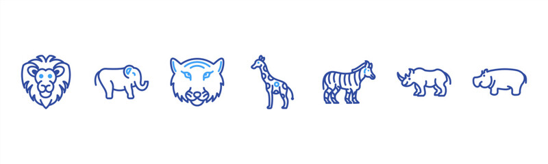 Wild Animals set with Lion, Elephant, Tiger, Giraffe, Zebra, Rhino, and Hippo for safari and wildlife visuals. © Dewi Sari