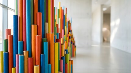 Obraz premium Colorful vertical paper tubes arranged in a modern art installation indoors