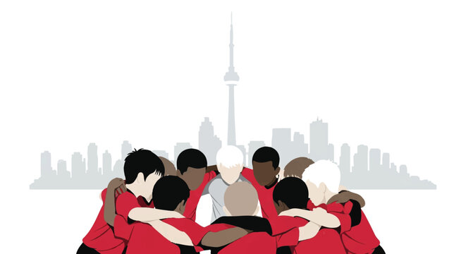 Diverse youth soccer players including Asian, Black, and White children doing a team huddle in front of a minimalist Toronto skyline silhouette featuring the CN Tower. Empowering mood, unity