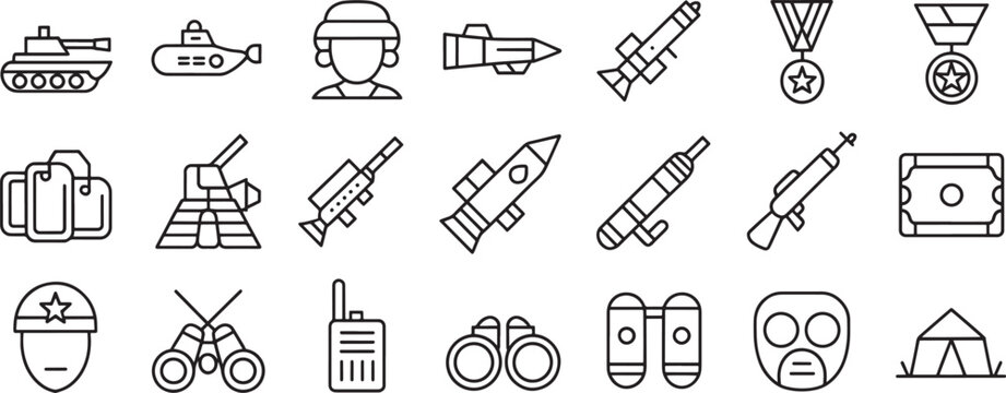 Rocket, Missile, and Space Launch Icons Set with Astronauts, Weapons, Medals, and Soldier Gear in Simple Outline Style