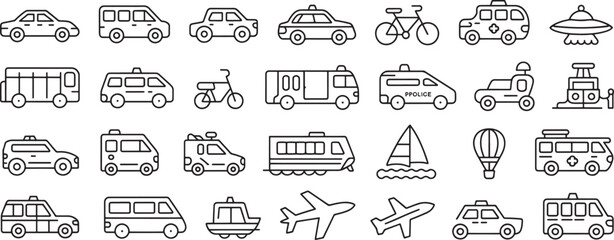 Transportation Vehicle Icons Traced Set Showing Buses, Ambulances, Police Car, Bicycle, Boat and Aircraft for Travel Graphics ©  photo99