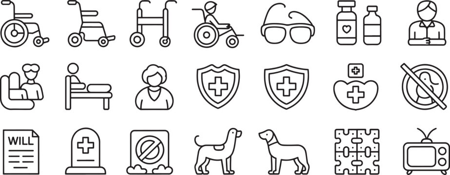 Medical and Care Icon Set with Lifeguards, First Aid, Hospital Bed, and Pet Health Symbols in Outline Style