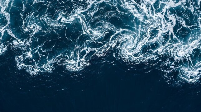 Waves crash on deep blue ocean surface in natural scenic view from above