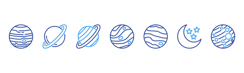Outer Planets set featuring Jupiter, Saturn, Uranus, Neptune, Pluto, Moon, Mars for astronomy visuals. © Dewi Sari
