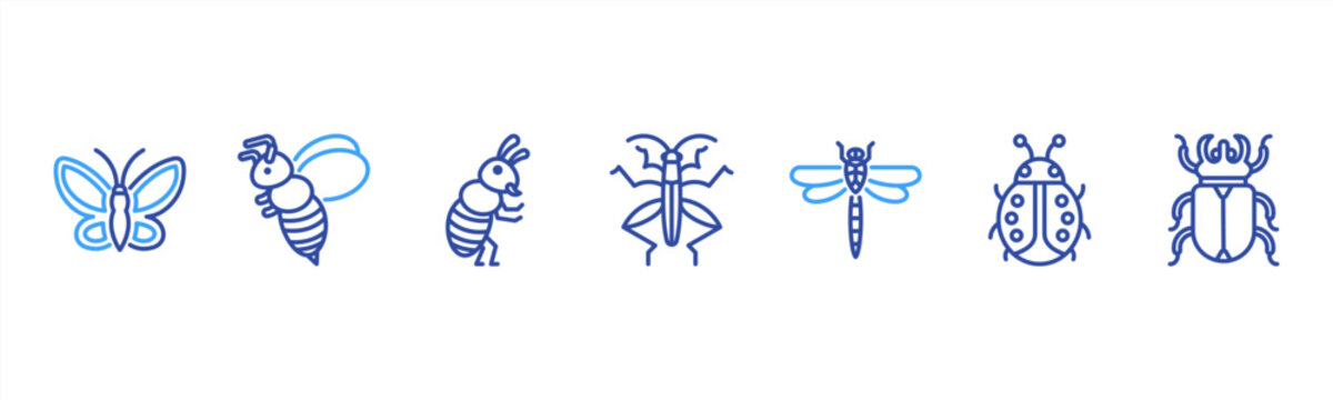 Insects set featuring Butterfly, Bee, Ant, Grasshopper, Dragonfly, Ladybug, Beetle for nature and biology visuals.