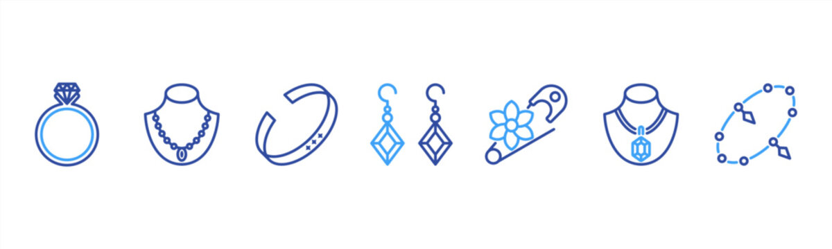 Jewelry set featuring Ring, Necklace, Bracelet, Earrings, Brooch, Pendant, Anklet for fashion and accessory visuals.
