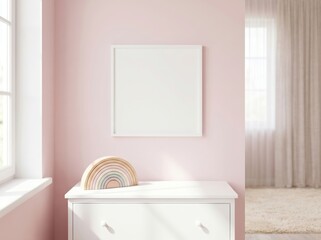Fototapeta premium Blank white square frame mockup in pastel pink nursery room