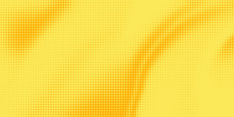 Fototapeta premium Yellow halftone pattern. Retro comic gradient background. Bright orange pixelated dotted texture overlay. Cartoon pop art faded gradient pattern. Vector backdrop for poster, banner, advertisement