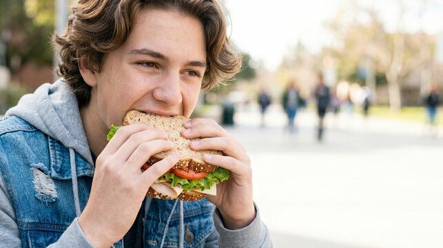 Young male student eating healthy sandwich outdoors on university campus path, illustrating casual lunch break and student life.