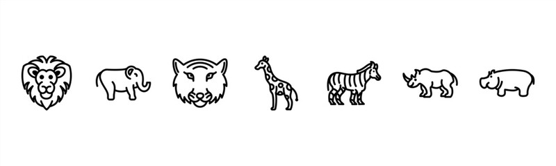 Wild Animals set with Lion, Elephant, Tiger, Giraffe, Zebra, Rhino, and Hippo for safari and wildlife visuals. © Dewi Sari