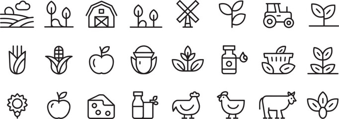 Vegetarian Farm Icons Set with Plants, Crops, Windmill, Tractor, Apple, and Animals in Clean Line Art Style ©  photo99