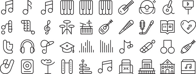 Musical Instrument Icons Set in Black Outline Style with Guitars, Drums, Notes, and Studio Microphones for Education ©  photo99