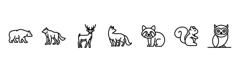 Fototapeta premium Forest Animals set with Bear, Wolf, Deer, Fox, Raccoon, Squirrel, and Owl for wildlife and nature visuals.