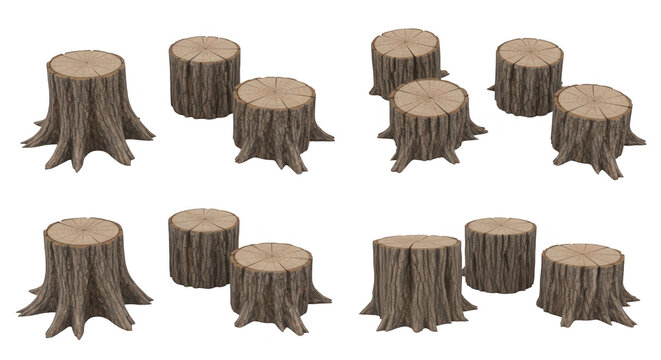 assortment of eight realistic tree stumps isolated against a white background for design resources