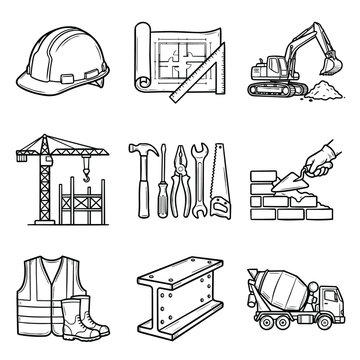 Construction industry tools and equipment icons set.