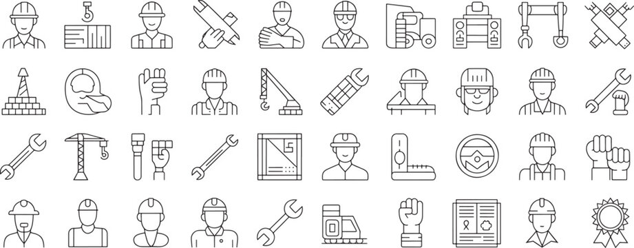 Construction Worker, Tools and Safety Icons Set in Thin Line Style for Industrial Building and Engineering Topics
