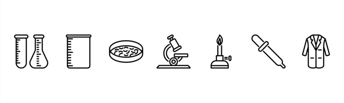 Science Lab set featuring Test Tube, Beaker, Petri Dish, Microscope, Bunsen Burner, Pipette, Lab Coat for research and lab visuals.