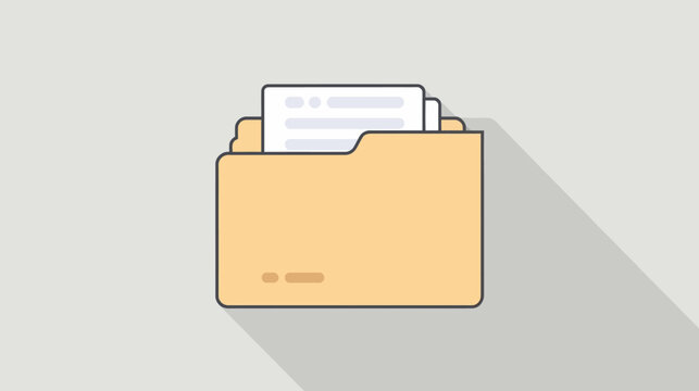 A minimalist flat design illustration of an open manila folder containing several white documents, casting a long shadow on a light gray background.