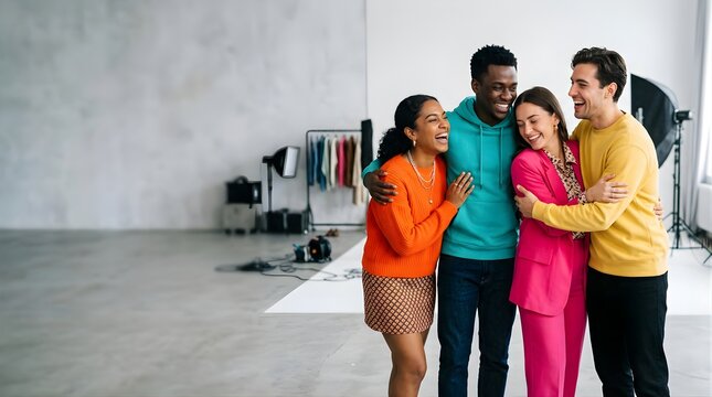 Happy diverse friends laughing and hugging together in a photography studio