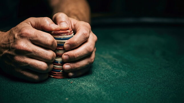 Poker player holding stack of casino chips on green felt table in dim light for gambling, risk, and entertainment concepts.