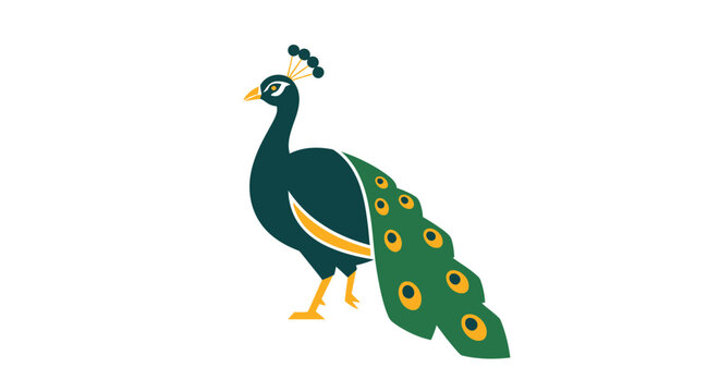 Colorful Illustrated Peacock Standing with Elegant Tail Feathers.