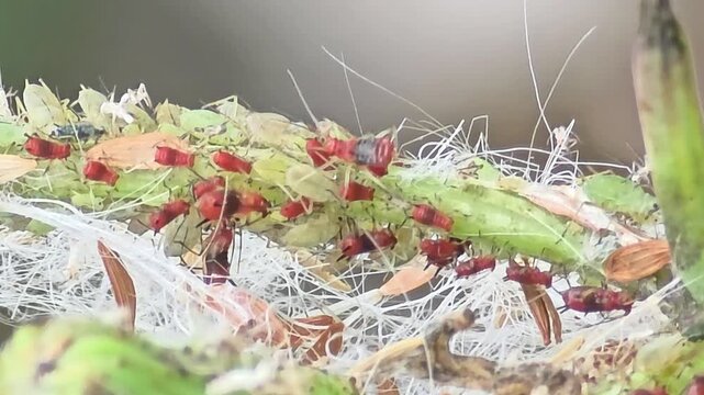 

Infestation of destructive aphids (pests) sucking sap from a plant stem, close-up macro shot.#002
식물 줄기에서 즙을 빨아먹는 파괴적인 진딧물(해충) 무리의 피해 현장, 초근접 매크로 영상.#002
