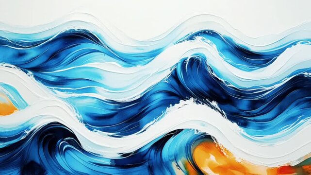 A stunning modern abstract painting, depicting the dynamic movement of ocean waves in a textured, fluid art style or impasto.