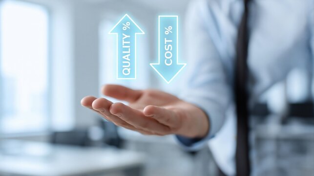 Business hologram showing quality improvement and cost optimization for efficiency and growth
