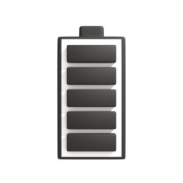 A 3D rendered icon of a fully charged black battery with a white background, illustrating power and energy