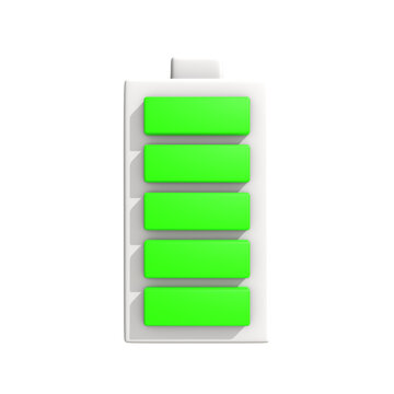 Fully charged battery icon indicating a full power level or successful energy replenishment with vibrant green bars on a clean white background