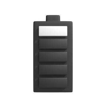 Minimalist 3D rendered battery icon depicting a critically low power level with just one charge bar, symbolizing urgent energy status and device notification