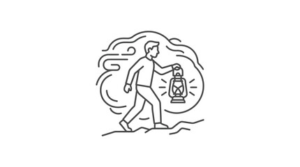 Obraz premium Man walking with lantern through clouds and mist.