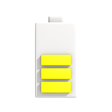 An isolated image of a white battery icon with three yellow bars, representing a medium charge level, on a white background