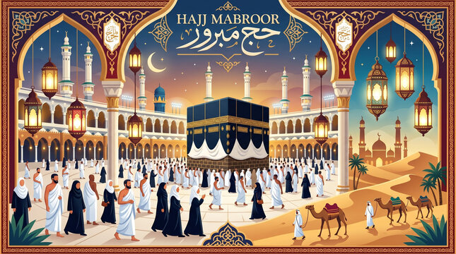 Hajj mabroor celebration featuring the sacred kaaba surrounded by faithful pilgrims in mecca with glowing lanterns and desert scenery in a beautiful artistic illustration created for the islamic holy 