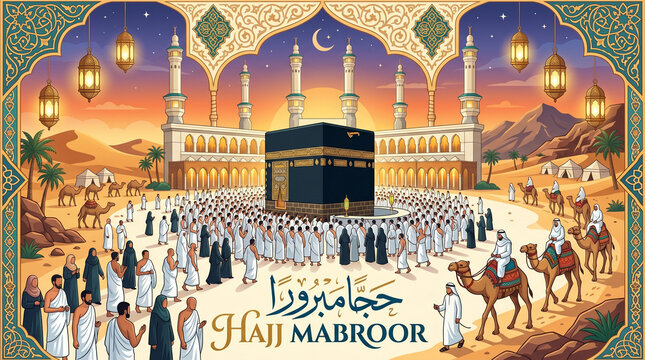 Hajj mabroor illustration featuring the sacred kaaba in mecca with muslim pilgrims performing tawaf during a beautiful golden sunset under glowing hanging lanterns in a vibrant and detailed desert lan