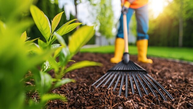 Gardening gardener raking mulch in spring garden soil outdoor work backyard