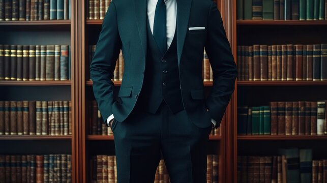 Confident Man in Suit with Bookcase Background