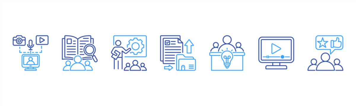 Knowledge Sharing Management icon set includes Content Creation, Internal Wiki, Training Sessions, Document Sharing, Expert Panels, Video Tutorials, and Feedback for enhanced learning.