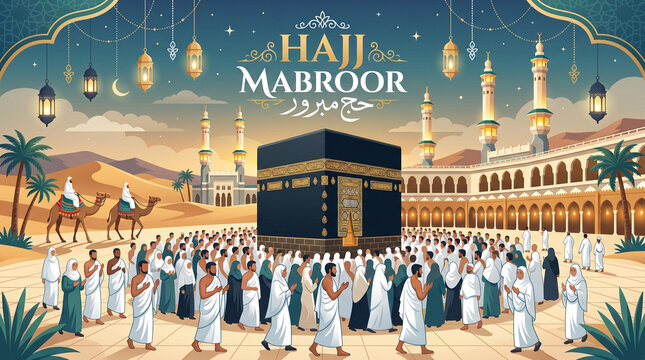 Pilgrims perform the sacred hajj pilgrimage around the holy kaaba in mecca as decorative lanterns hang above the desert landscape during this beautiful religious celebration of peace and spiritual dev